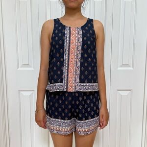 Navy Blue Patterned Sleeveless Matching Set